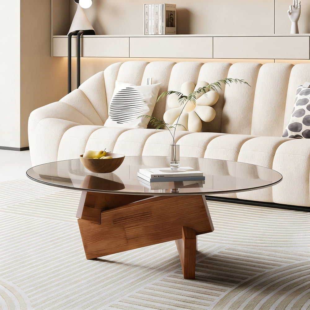 Modern Round Coffee Table for Living Room, 27.5" x 27.5" x 12.2" Mid Century Center Table with Tempered Glass Top and Wood, Walnut