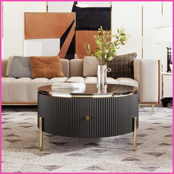 Modern Round Coffee Table with 2 Drawers, Black Marble-Pattern MDF Top & Gold Metal Legs, Space-Saving Storage for Living Room