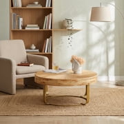 Modern Round Coffee Table with Carved Wood Top and Metal Legs - Natural Gold