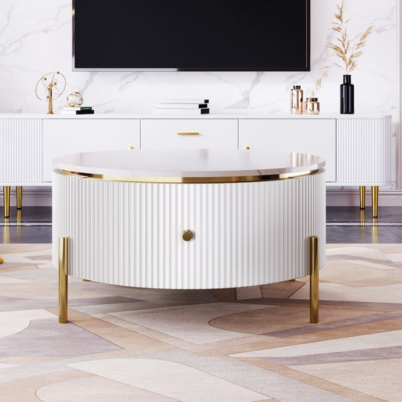 Modern Round Coffee Table with Drawers | Ample Space for Books and Essentials | Durable MDF Construction | Organizes Living Room Items
