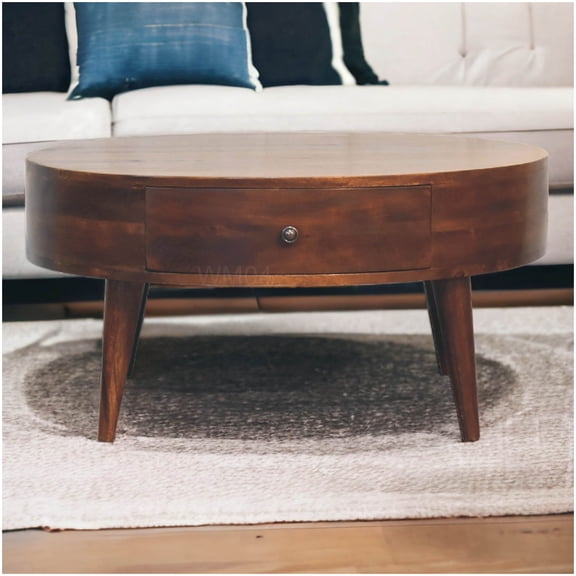 Modern Round Coffee Table with Drawers, Solid Mango Wood, Nordic Tapered Legs, Brown