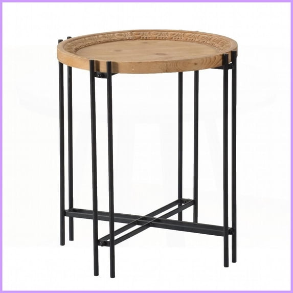 Modern Round Coffee Table with Fir Wood Top & Black Metal Legs - Space-Saving for Living Room, Stylish Contrast