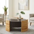 thumbnail image 1 of Modern Round Coffee Table with Flip-Top Storage - Dark Brown & Natural Wood Finish, 1 of 9