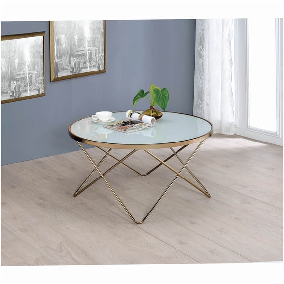 Modern Round Coffee Table with Frosted Glass and Champagne V-Shape Metal Legs