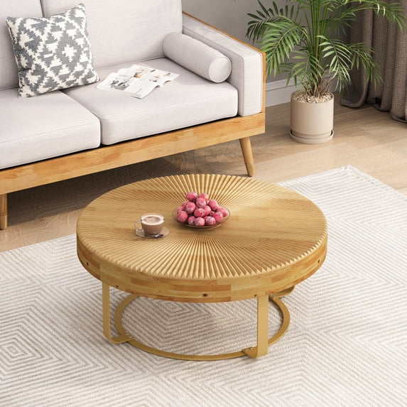 Modern Round Coffee Table with Metal Legs, Wooden Carving Pattern for Living Room Reception Room Office, Golden