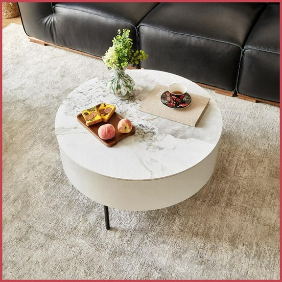 Modern Round Coffee Table with Sintered Stone Top, Smoked Wood & Golden Legs  Easy-Clean Durable for Living Room