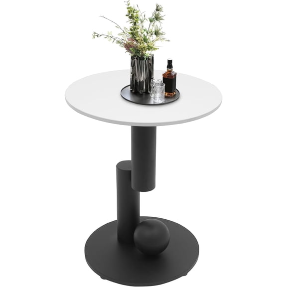 Modern Round Coffee Table with Stone Top & Abstract Metal Base, Black and White Accent Table