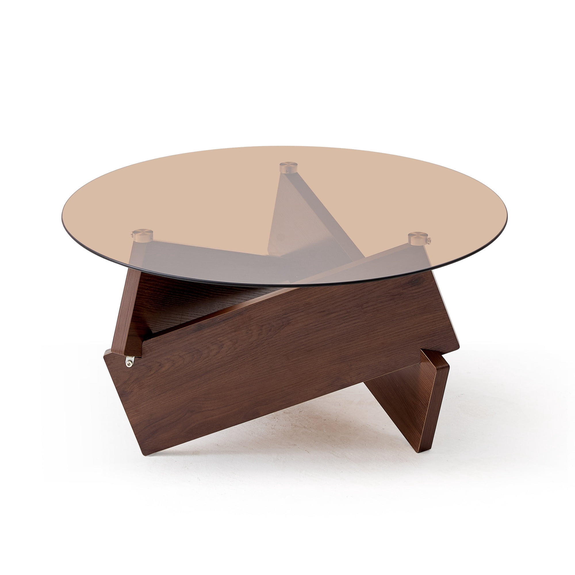 Modern Round Coffee Table with Tempered Glass Top and Farmhouse-Style Wood Base for Living Room, Brown
