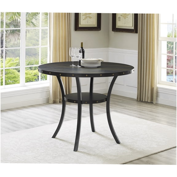 Modern Round Counter Table with Brass Nailhead Accents and Espresso Finish