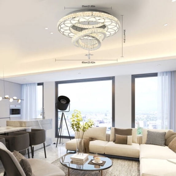 Modern Round Crystal Chandelier Dimmable Ceiling Light LED Fixtures w/ Remote