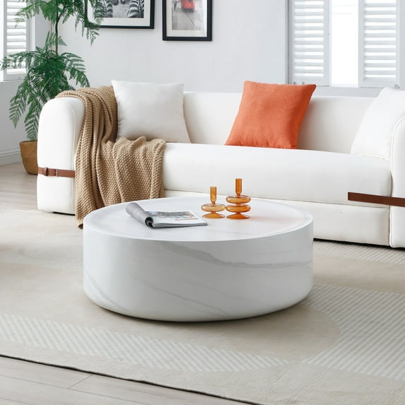 Modern Round Design Coffee Table, Sturdy Fiberglass Center Cocktail Table Tea Table for Livingroom Dining Room Lounges, 35.43"Lx 35.43"W x 11.81"H, No Need Assembly, Matte White