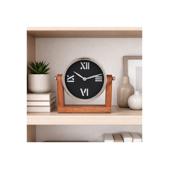 Modern Round Desk Clock for Home Decor and Living Room Table - Small Clock Accent for Mantel Placement with Roman Numerals - Mango Wood and Metal Design for Office Styling - 7", Black & Brown