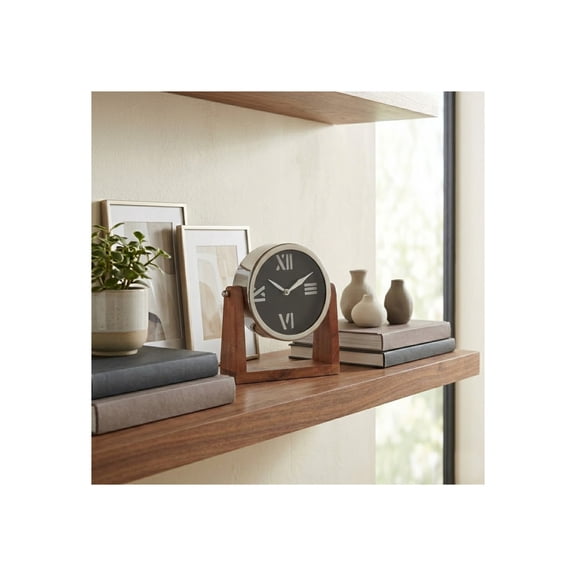 Modern Round Desk Clock for Home Decor and Living Room Table - Small Clock Accent for Mantel Placement with Roman Numerals - Mango Wood and Metal Design for Office Styling - 9", Black & Brown