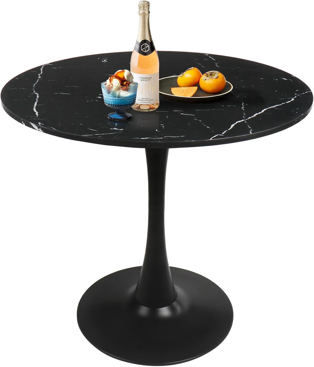 Modern Round Dining Table 32’’ Black Marble Round Kitchen Table 2-4 Person with Pedestal Base ...