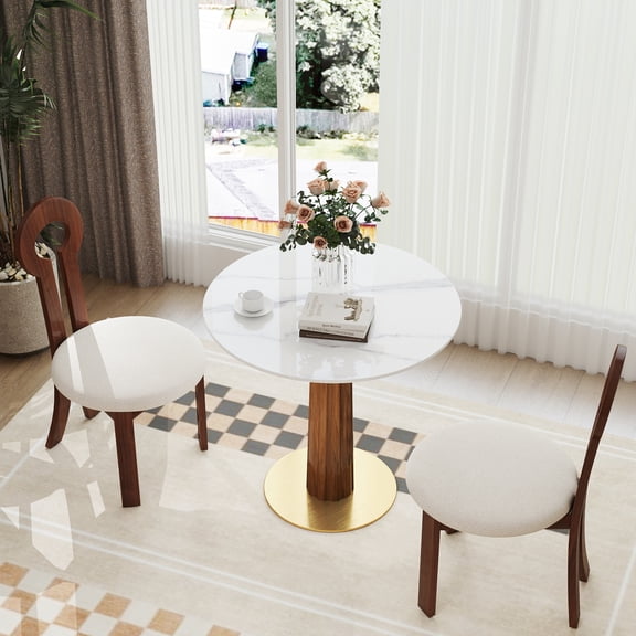 Modern Round Dining Table, 33.5" Sintered Stone Table with Wooden Leg & Gold Base, 2 - Person Kitchen Table for Small Space, 150lbs Weight Capacity(Only the Negotiation Table)