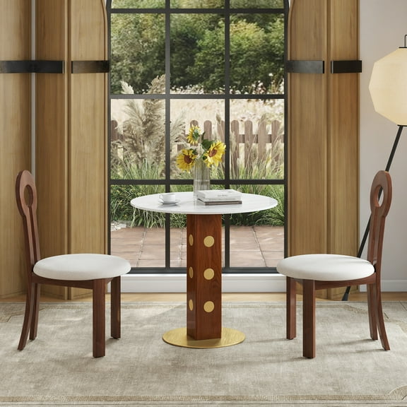 Modern Round Dining Table, 33.5" Sintered Stone Table with Wooden Leg & Gold Base, 2 - Person Kitchen Table for Small Space, 150lbs Weight Capacity(Only the Negotiation Table)