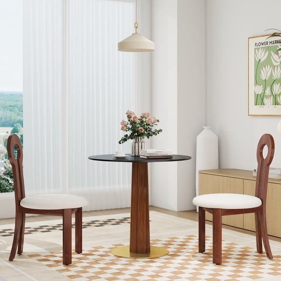 Modern Round Dining Table, 33.5" Sintered Stone Table with Wooden Leg & Gold Base, 2 - Person Kitchen Table for Small Space, 150lbs Weight Capacity(Only the Negotiation Table)