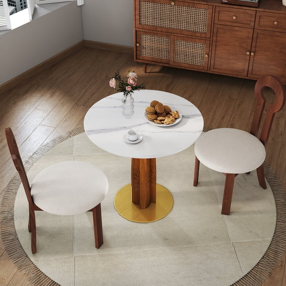 Modern Round Dining Table, 33.5" Sintered Stone Table with Wooden Leg & Gold Base, 2 - Person Kitchen Table for Small Space, 150lbs Weight Capacity(Only the Negotiation Table)
