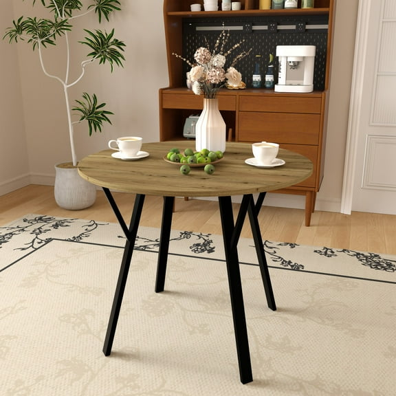 Modern Round Dining Table,35.43" Small Circle Kitchen Table with Metal Black Legs for 2-4 people,Brown