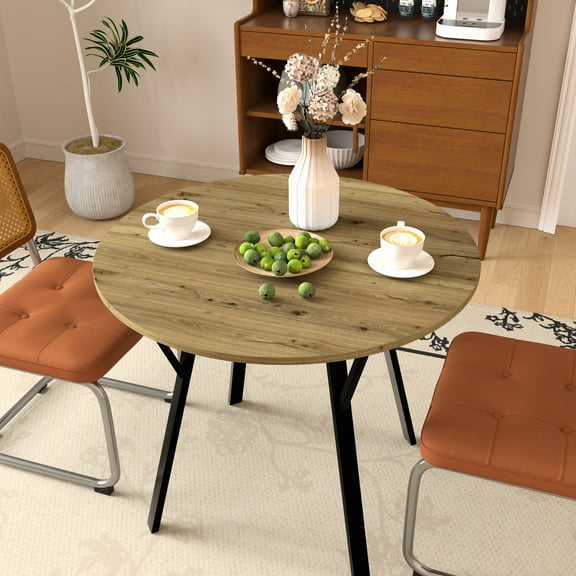 Modern Round Dining Table 35.53 Inch, Brown Top With Metal Legs, Fits 2-4 People, Compact Inch Kitchen Table, Black , Chic For Diners