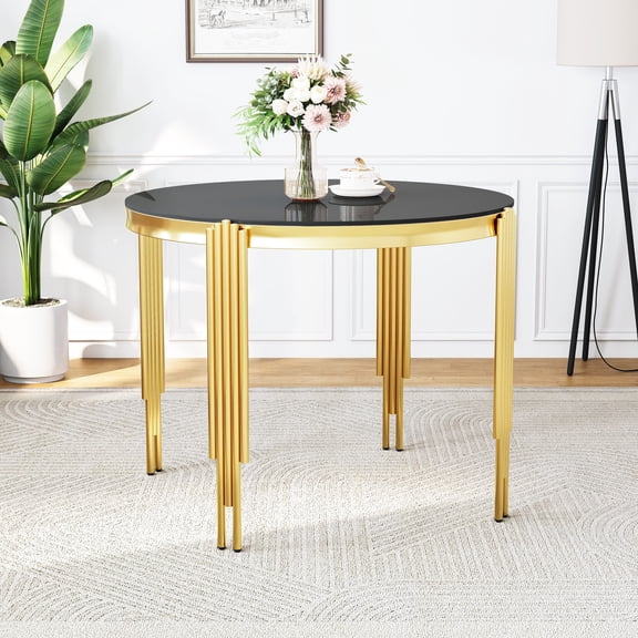 Modern Round Dining Table, 37"Black Tempered Glass Top and Mirrored Stainless Steel Legs for Dining Room , Kitchen, Bistro