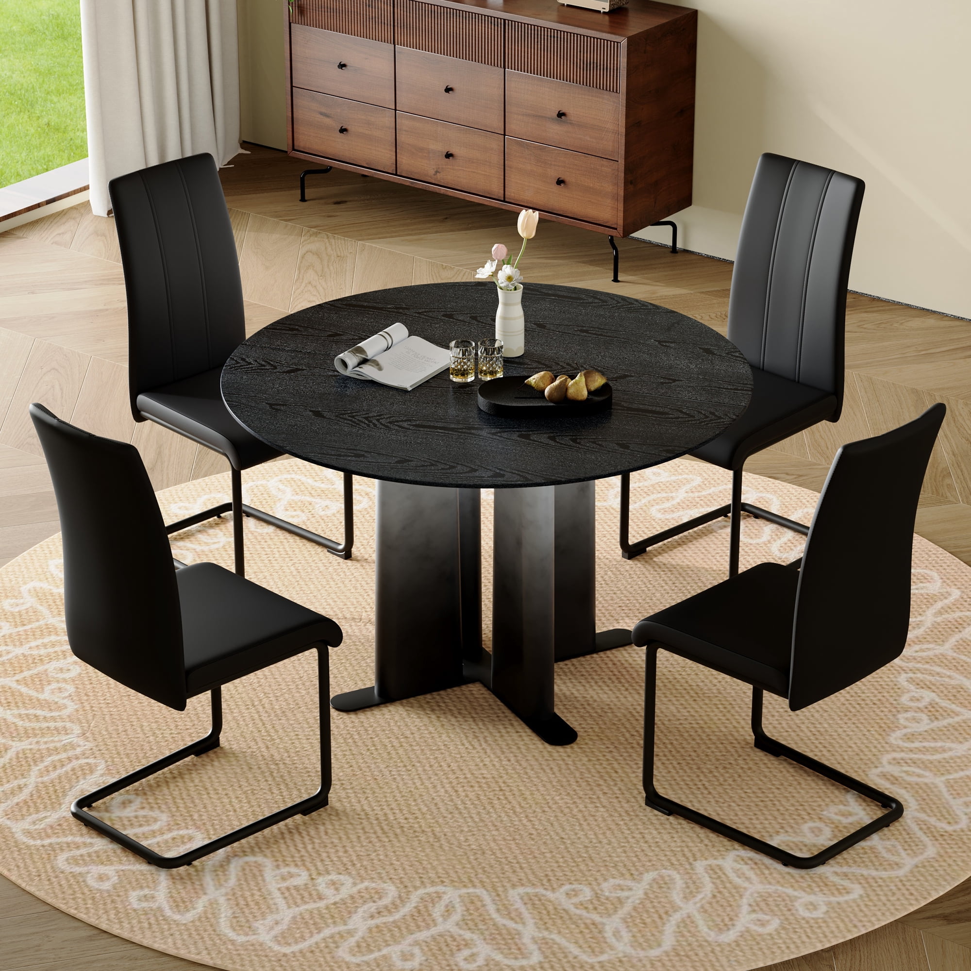 Modern Round Dining Table and 4 Chairs Set, Faux Black Wood Grain MDF ...