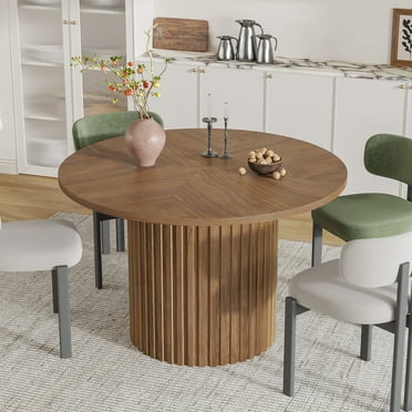 Modern Round Dining Table, 47 Inch Small Circle Kitchen Tables for 4-6, Wood Strip Base, Farmhouse Table for Kitchen, Dinning Room, Walnut