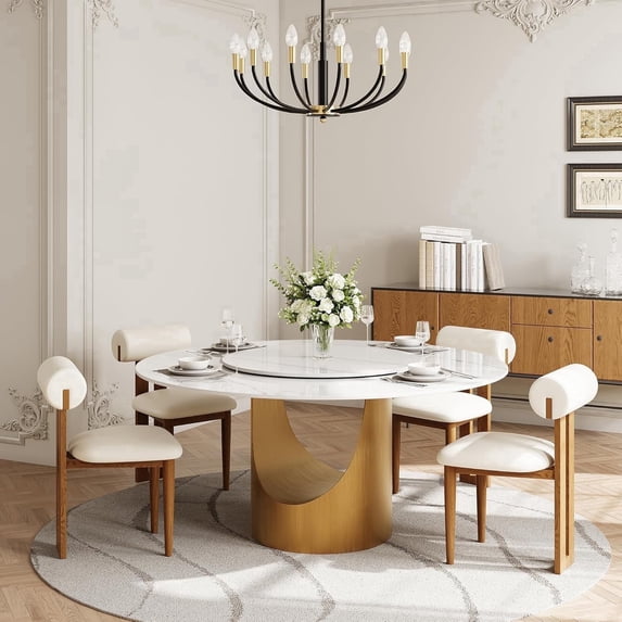 Modern Round Dining Table for 6, Circle Dining Room Table Built in Lazy Susan, 60" Sintered Stone White Dining Table Top with Carbon Steel Pedestal for Dining Room (Table Only)