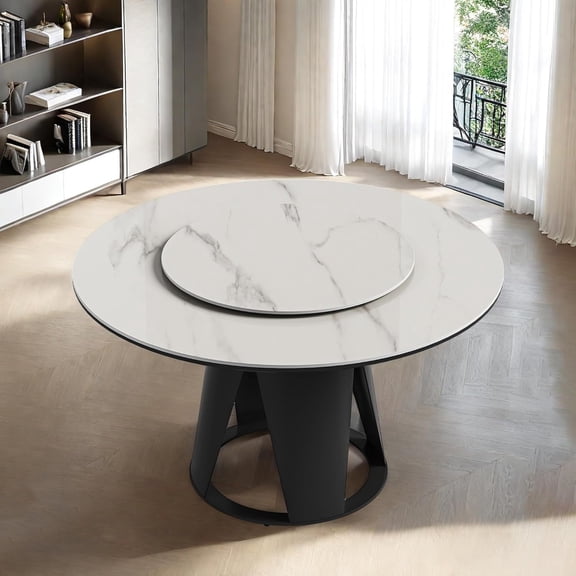 Modern Round Dining Table for 6, Marble Dining Room Table Round 59" White Sintered Stone Tabletop with Black Carbon Steel Pedestal, Circle Dining Table for Kitchen