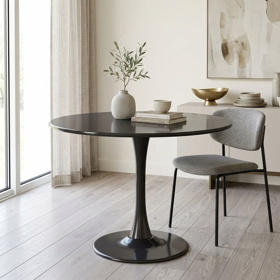 Modern Round Dining Table - Black MDF Top with Metal Base