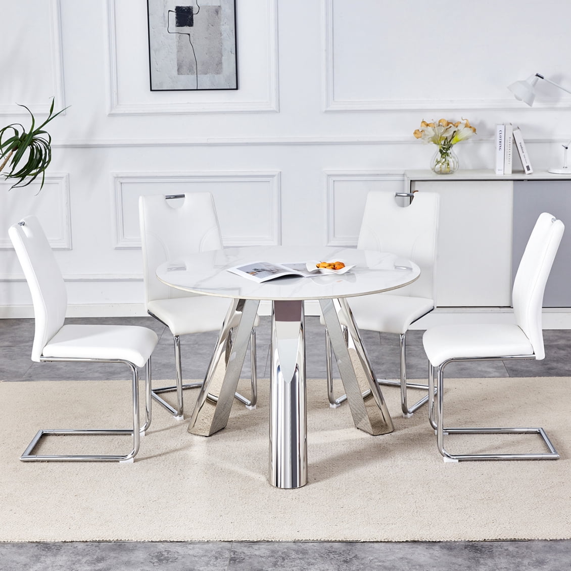 Modern Round Dining Table Set with 4 White Chairs, Sintered Stone ...