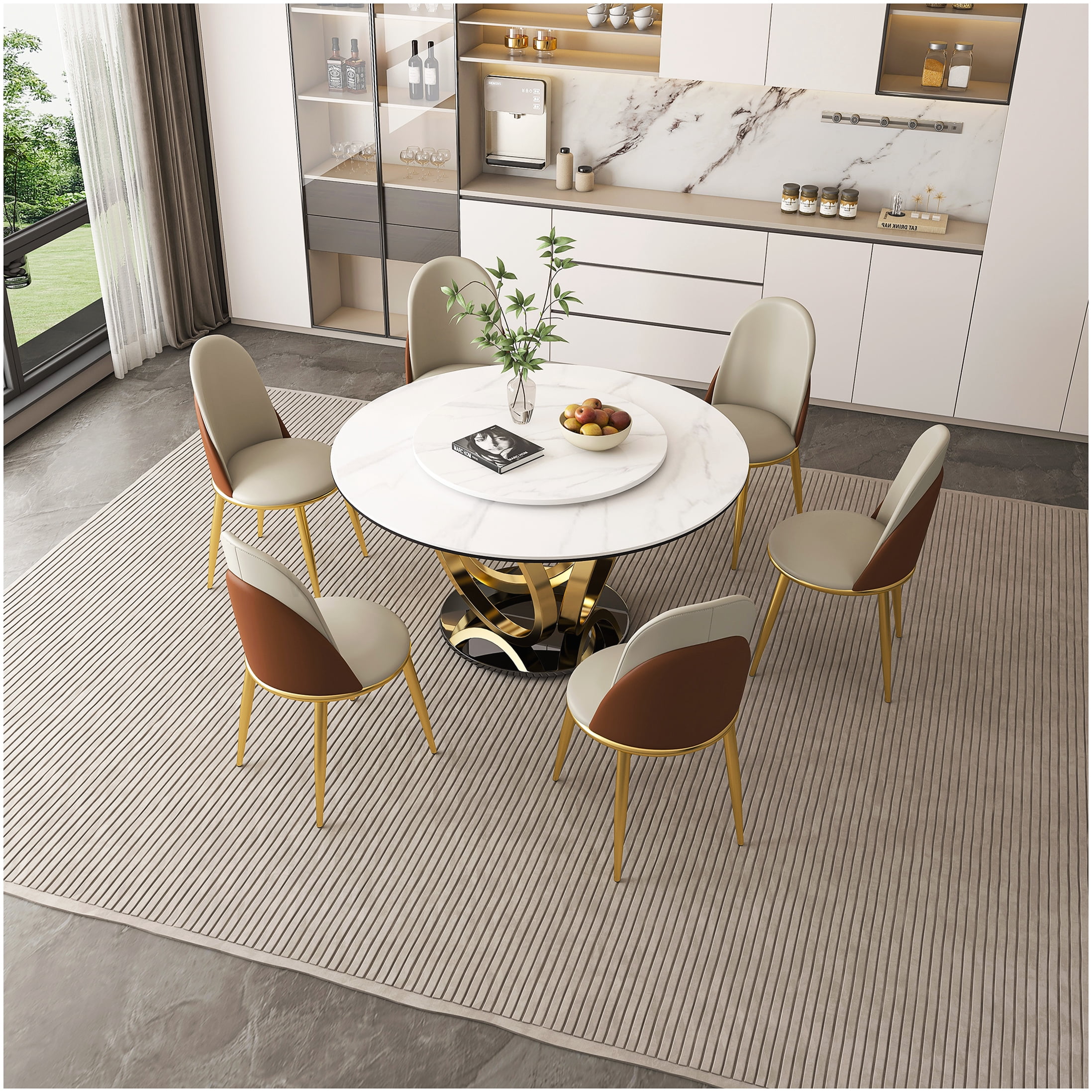 Modern Round Dining Table Set with Lazy Susan, 53 Inch Sintered Stone ...
