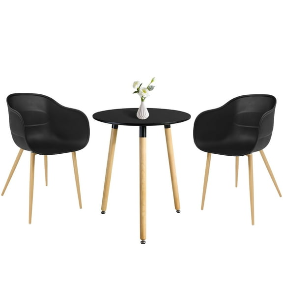 Modern Round Dining Table Set for 2, Mid-Century Dining Table and PP Chairs Set for Kitchen, Dining Room, Office, Cafe, Restaurant (Black)