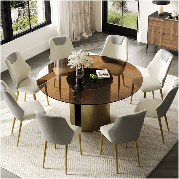 Modern Round Dining Table Set for 8, 59 Inch Dark Brown Glass Top with Antique Copper Metal Base, Kitchen Dining Room Table
