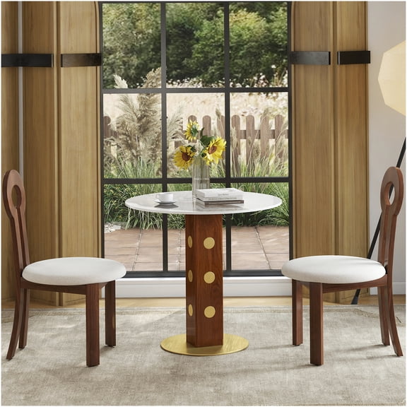 Modern Round Dining Table for 2 Person, Sintered Stone Top with Gold Base, Walnut White Kitchen Table for Small Spaces