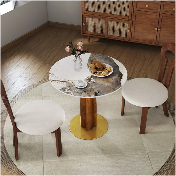 Round Kitchen Table for Small Spaces, 2-Person Dining Table with Wood Leg, Gold Metal Base, and Scratch-Resistant Stone Top