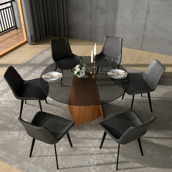 Modern Round Dining Table for 4, 53" Tempered Glass Table Top w Walnut Base, Dining Table Only
