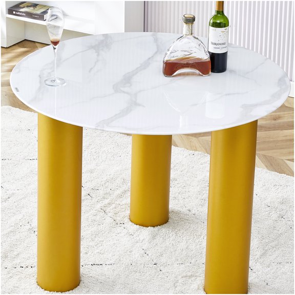 Modern Round Dining Table for 4, White Marble Texture Top with Gold Legs, Compact Kitchen and Living Room Table