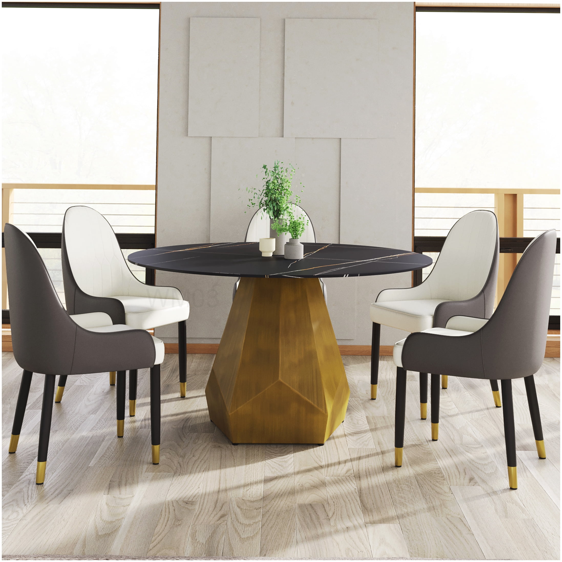 Modern Round Dining Table for 6, Black Sintered Stone Top with Sturdy ...