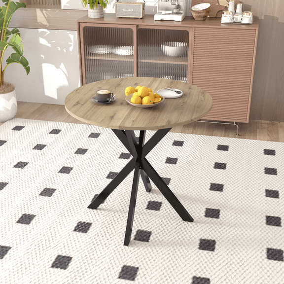 Modern Round Dining Table with Black Metal Legs, Compact MDF Kitchen Table for 2-4 Person, Brown Wood Finish Only Table