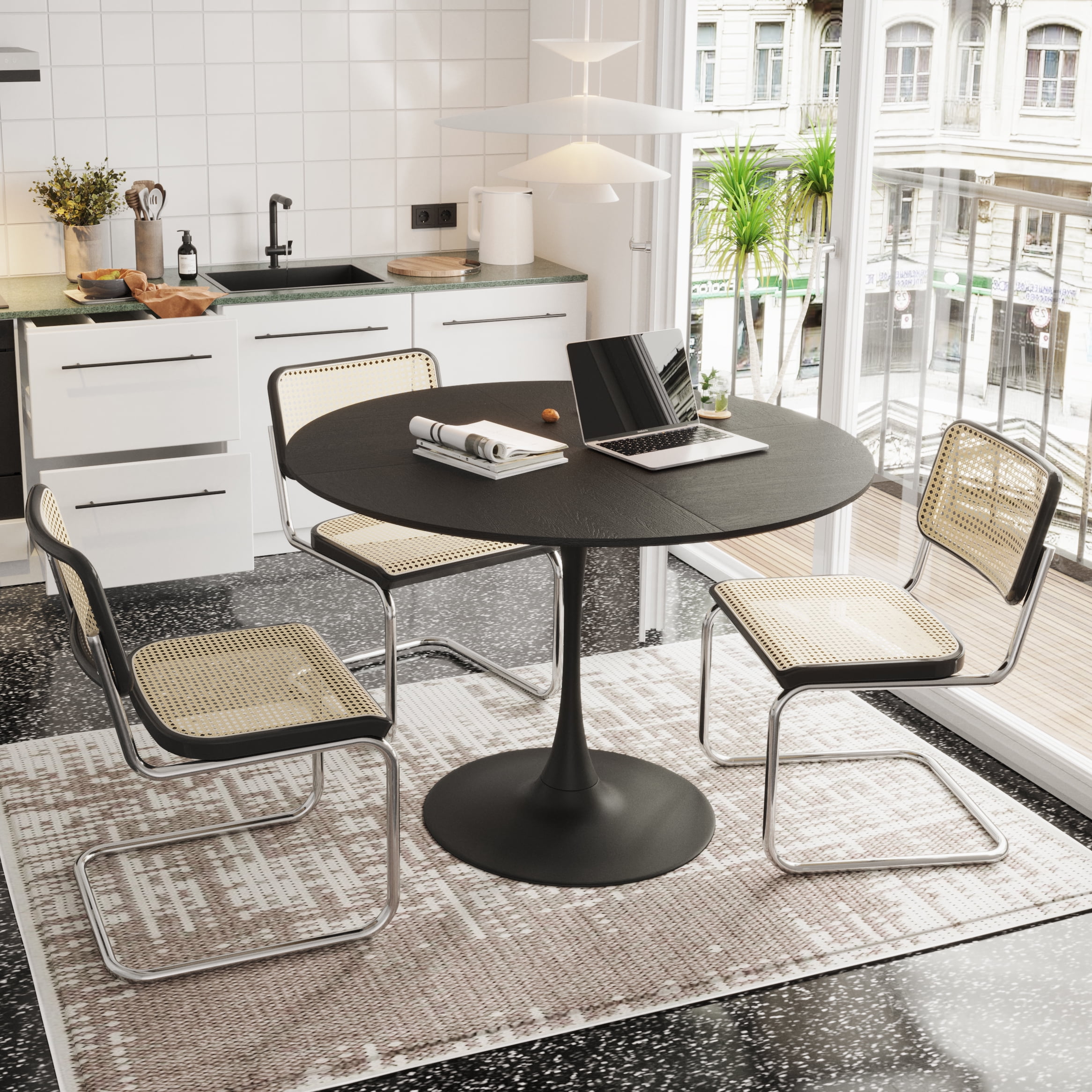 Modern Round Dining Table with Black Solid Wood Grain Table Top and ...