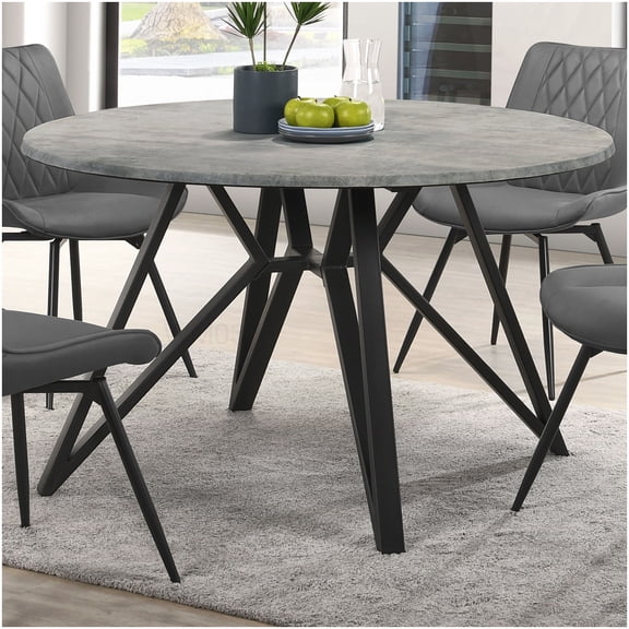 Modern Round Dining Table with Concrete Look Top and Black Metal Legs, Seats 4, Grey+Black Finish