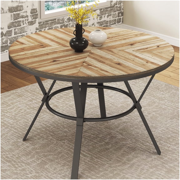 Modern Round Dining Table with Iron Base, Light Birch Surface in Black/Natural Colors