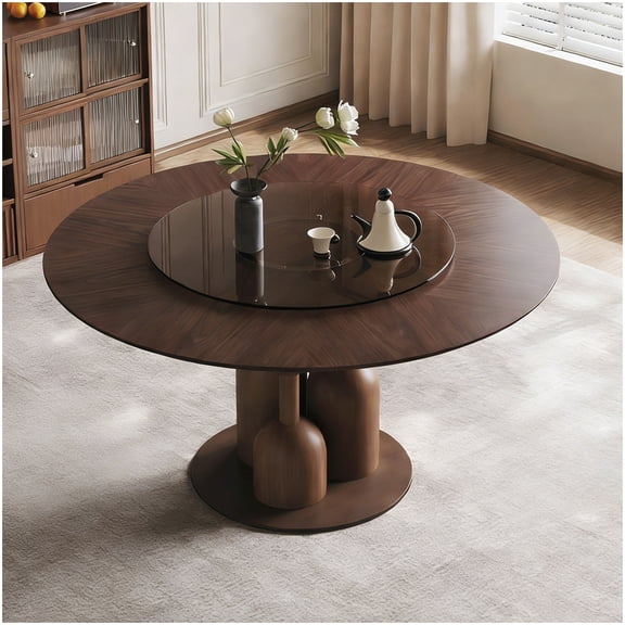 Modern Round Dining Table with Lazy Susan, Solid Wood Live Edge Wabi Sabi Design for Contemporary Living Room Decor
