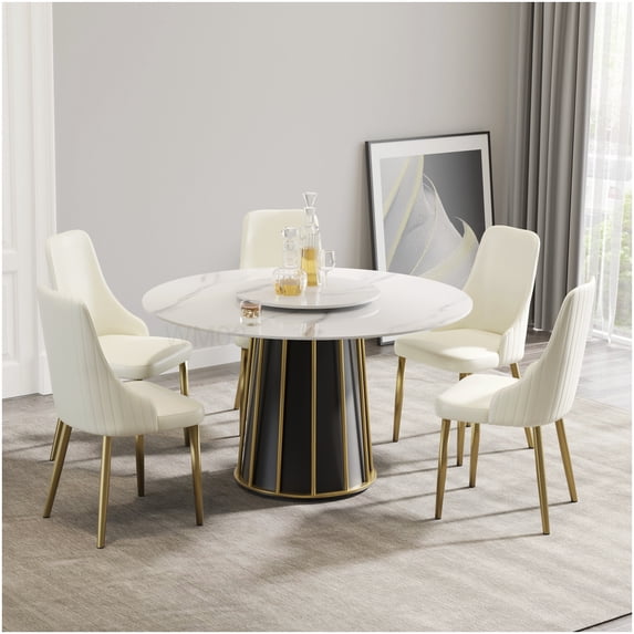 Modern Round Dining Table with Lazy Susan, White Sintered Stone Top & Iron Base, Seats 6