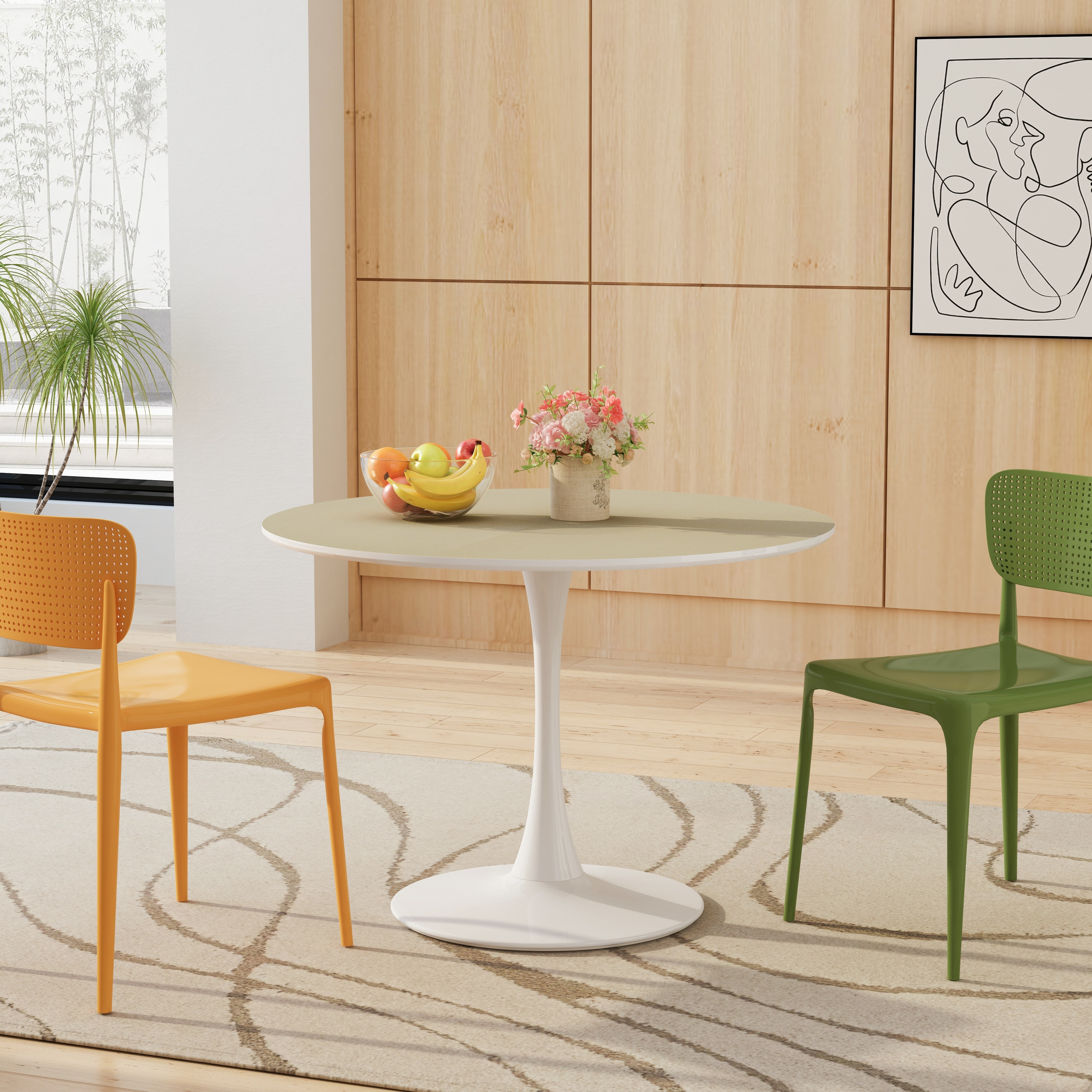 Modern Round Dining Table with Printed Wood Grain Table Top Natural