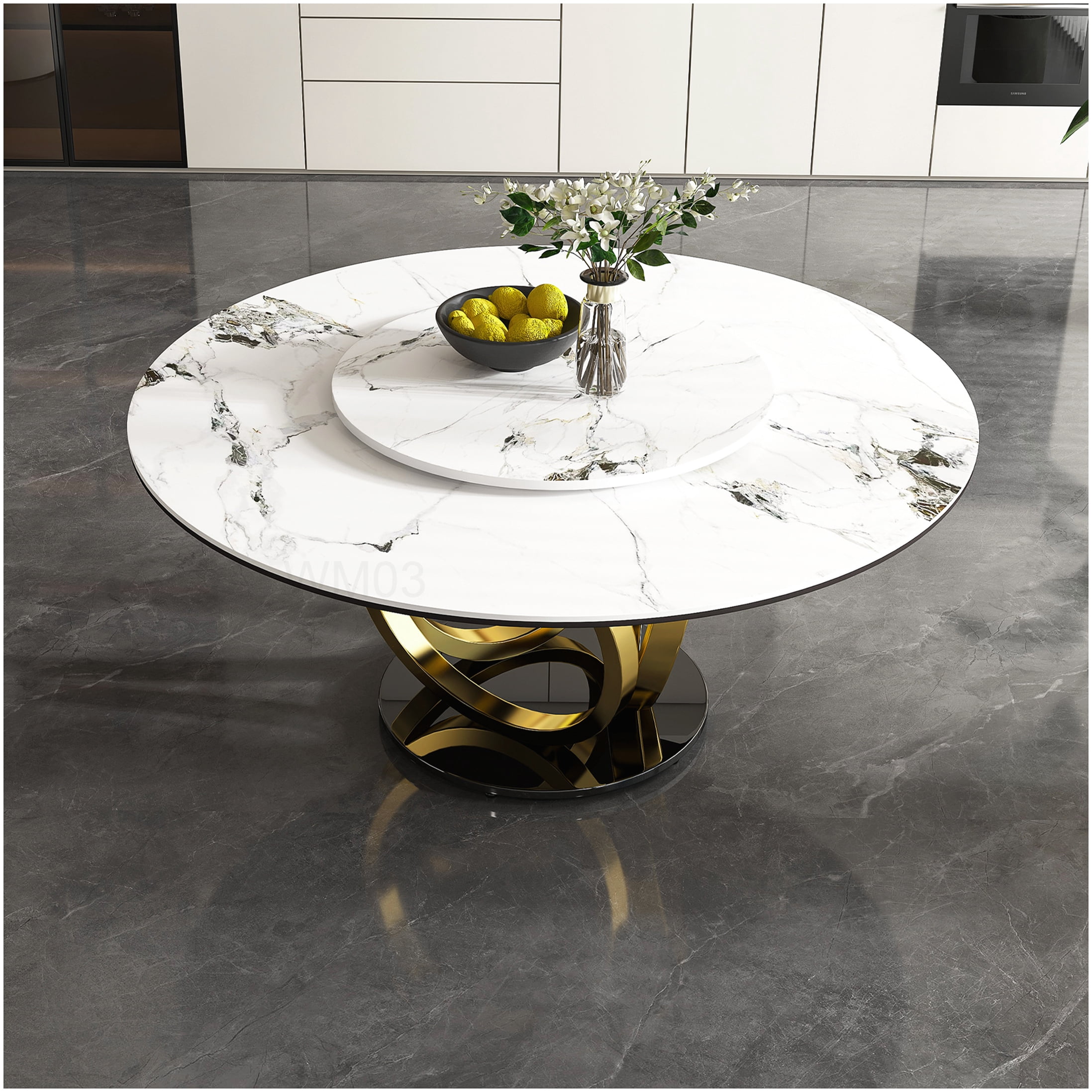 Modern Round Dining Table with Rotating Lazy Susan, 59 Inch Sintered ...
