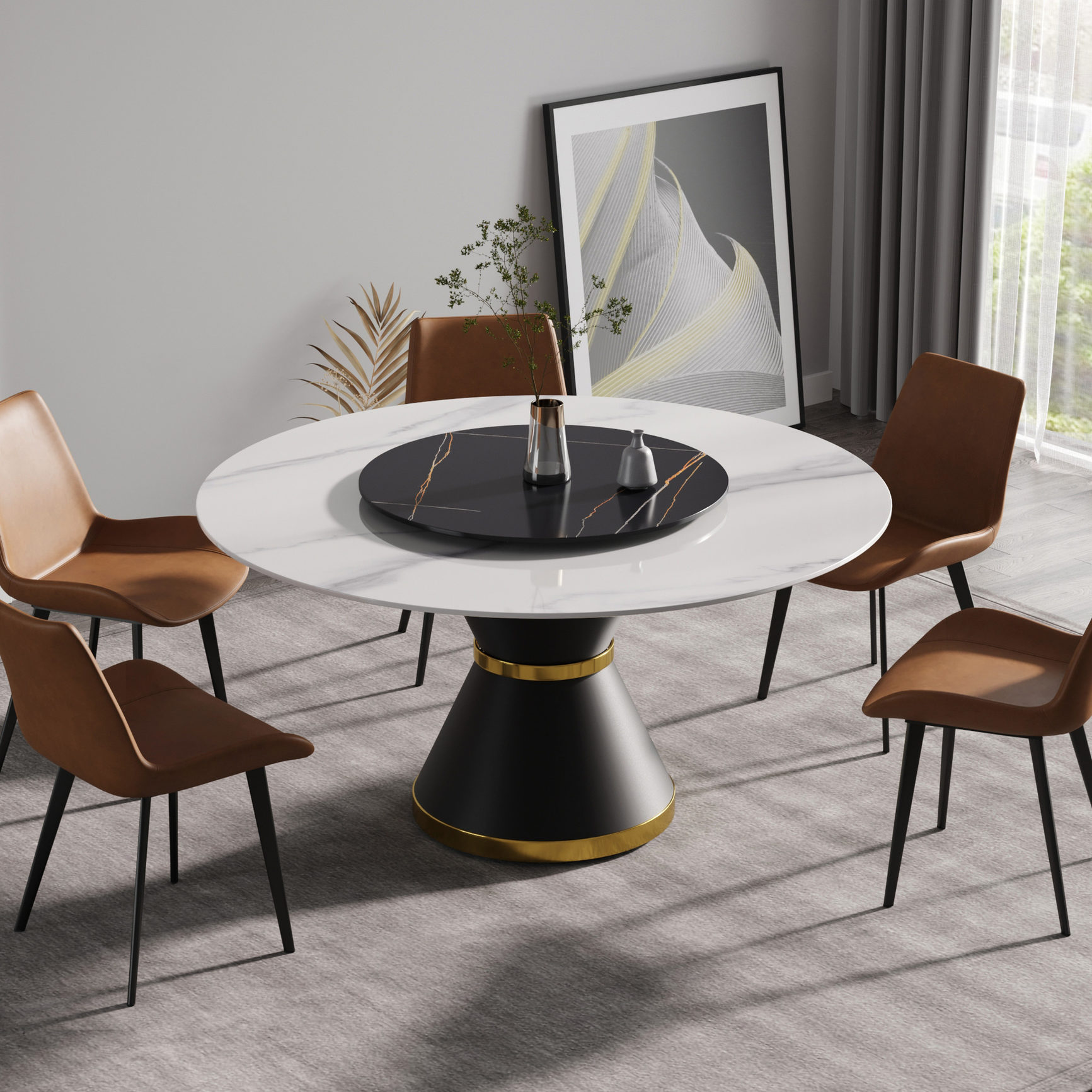 Modern Round Dining Table with Sintered Stone Top - 6 People Seating ...