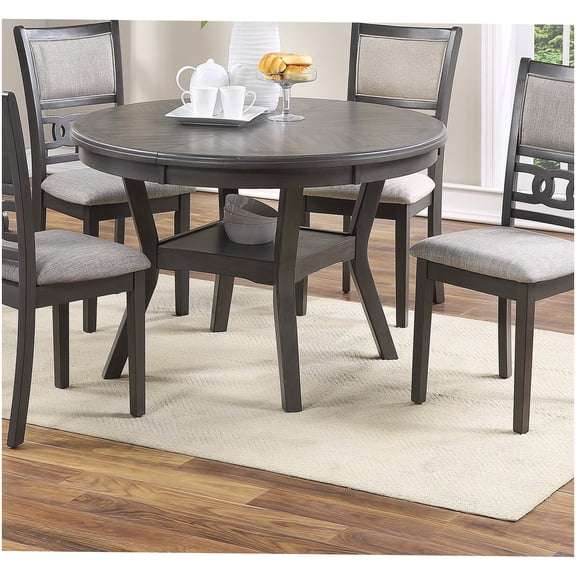 Modern Round Dining Table with Storage Shelf, Gray Oak Finish Rubberwood Table for Kitchen