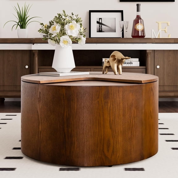 Modern Round Drum Coffee Table - Hidden Storage Circular Center Table for Living Room, Safe Rounded Edge & Durable Wood Grain End Table (Walnut 27.16 in)